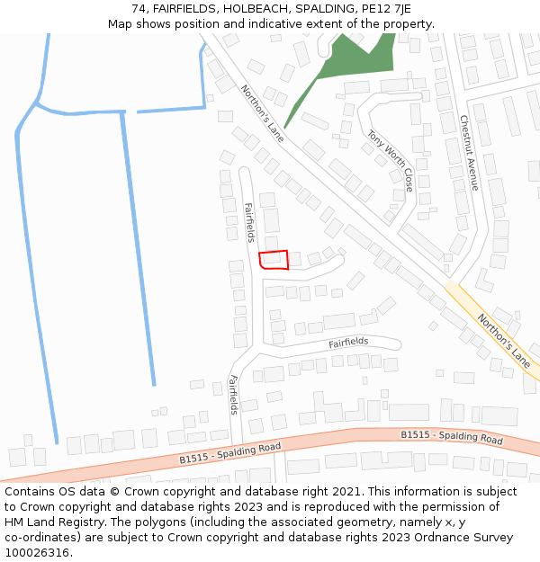 74, FAIRFIELDS, HOLBEACH, SPALDING, PE12 7JE: Location map and indicative extent of plot
