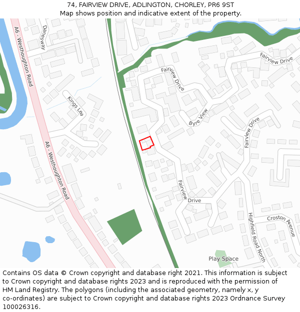 74, FAIRVIEW DRIVE, ADLINGTON, CHORLEY, PR6 9ST: Location map and indicative extent of plot