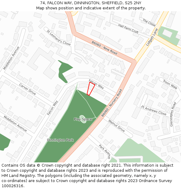 74, FALCON WAY, DINNINGTON, SHEFFIELD, S25 2NY: Location map and indicative extent of plot