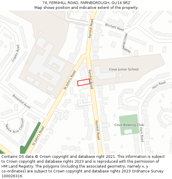 74, FERNHILL ROAD, FARNBOROUGH, GU14 9RZ: Location map and indicative extent of plot