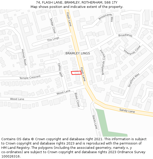 74, FLASH LANE, BRAMLEY, ROTHERHAM, S66 1TY: Location map and indicative extent of plot