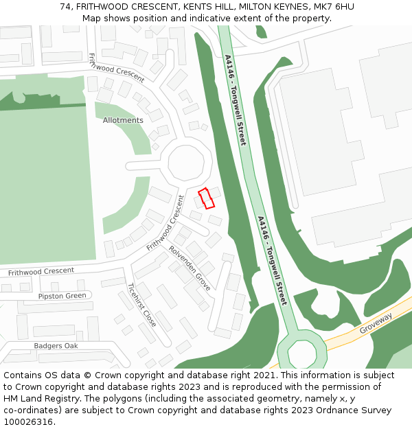 74, FRITHWOOD CRESCENT, KENTS HILL, MILTON KEYNES, MK7 6HU: Location map and indicative extent of plot