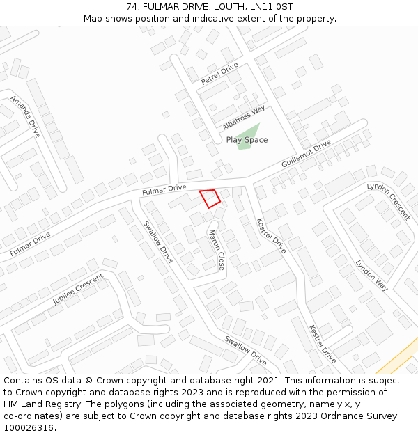 74, FULMAR DRIVE, LOUTH, LN11 0ST: Location map and indicative extent of plot