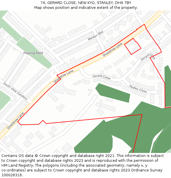 74, GERARD CLOSE, NEW KYO, STANLEY, DH9 7BY: Location map and indicative extent of plot