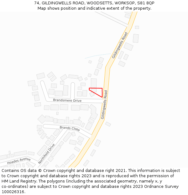 74, GILDINGWELLS ROAD, WOODSETTS, WORKSOP, S81 8QP: Location map and indicative extent of plot