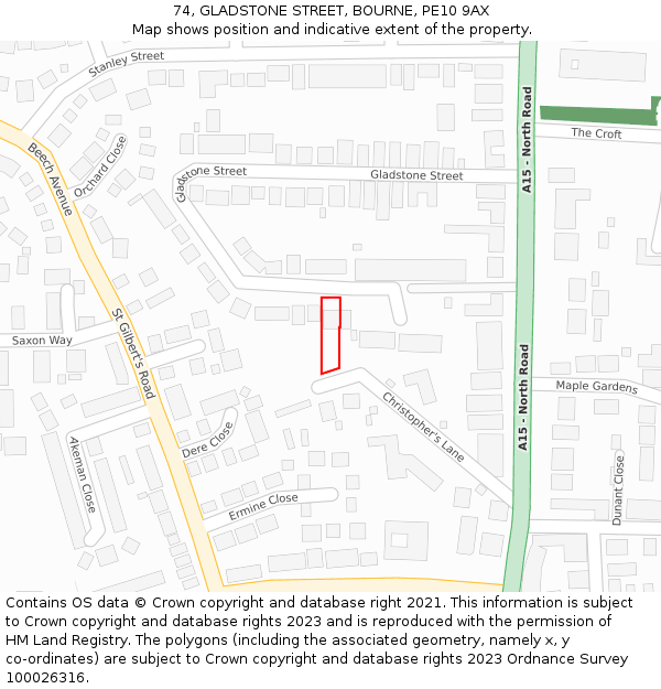 74, GLADSTONE STREET, BOURNE, PE10 9AX: Location map and indicative extent of plot