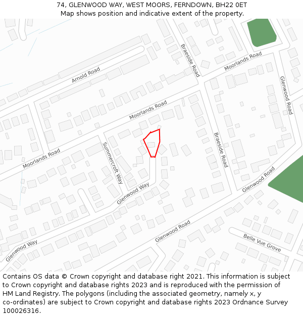 74, GLENWOOD WAY, WEST MOORS, FERNDOWN, BH22 0ET: Location map and indicative extent of plot