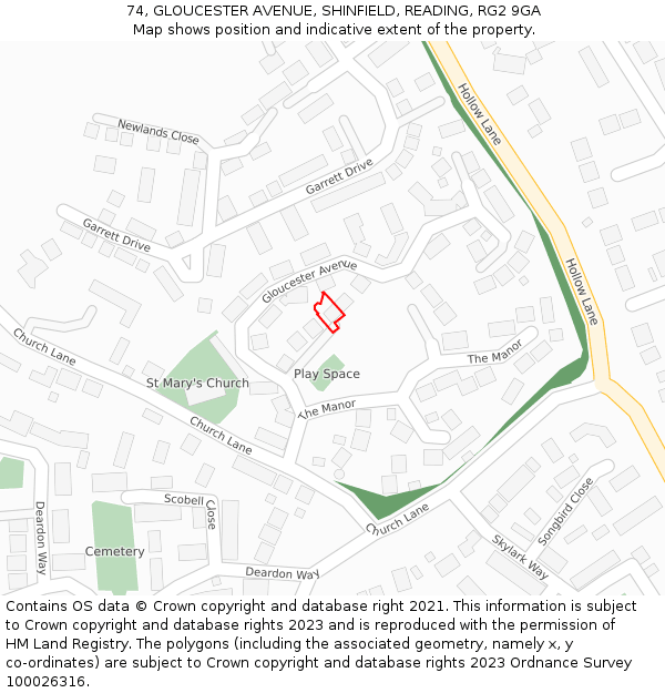 74, GLOUCESTER AVENUE, SHINFIELD, READING, RG2 9GA: Location map and indicative extent of plot