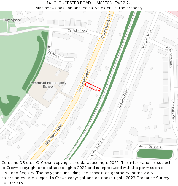 74, GLOUCESTER ROAD, HAMPTON, TW12 2UJ: Location map and indicative extent of plot