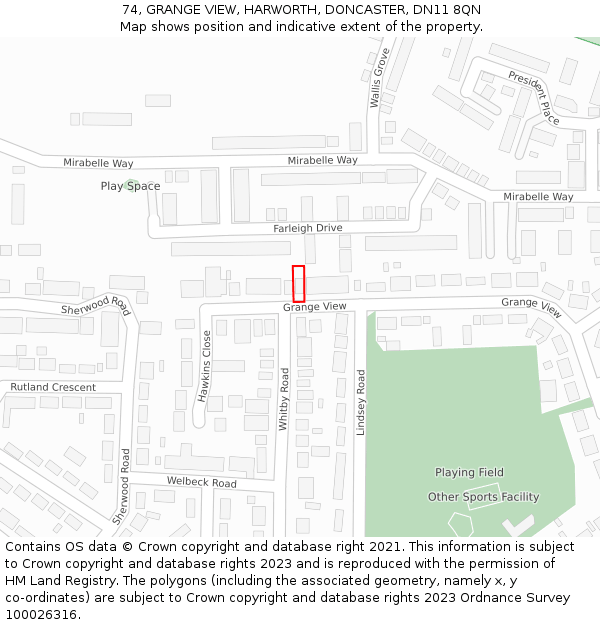 74, GRANGE VIEW, HARWORTH, DONCASTER, DN11 8QN: Location map and indicative extent of plot