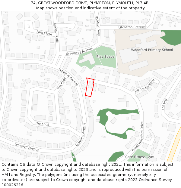 74, GREAT WOODFORD DRIVE, PLYMPTON, PLYMOUTH, PL7 4RL: Location map and indicative extent of plot