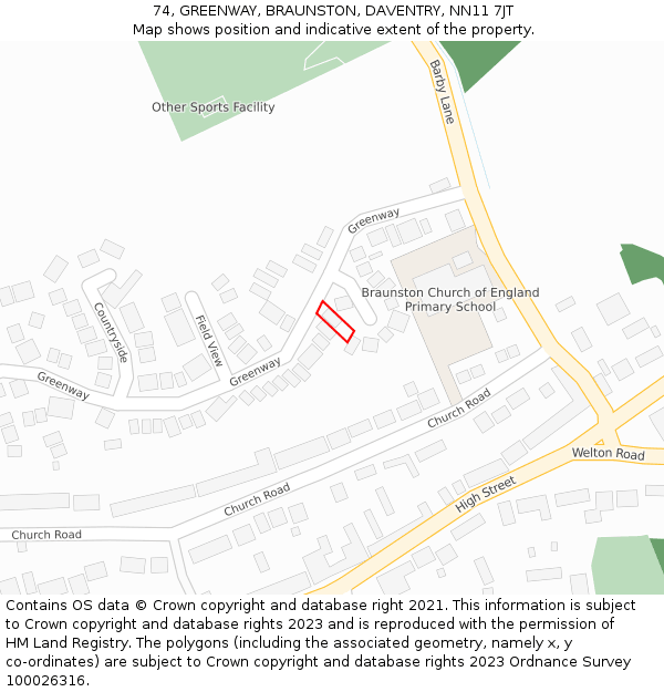 74, GREENWAY, BRAUNSTON, DAVENTRY, NN11 7JT: Location map and indicative extent of plot