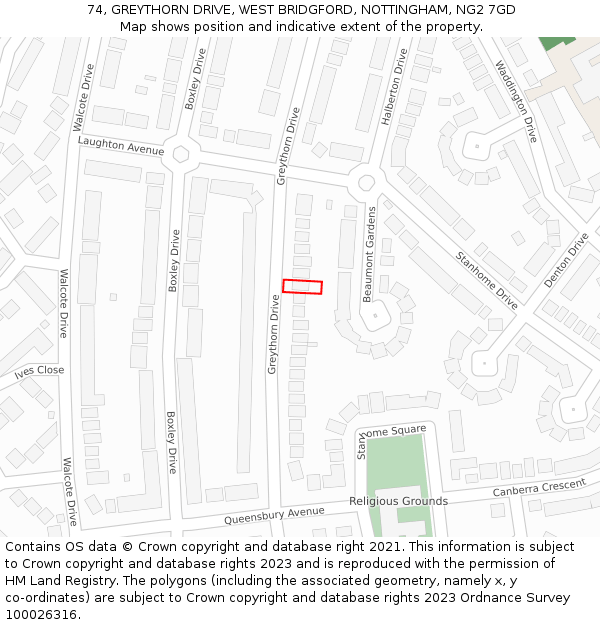 74, GREYTHORN DRIVE, WEST BRIDGFORD, NOTTINGHAM, NG2 7GD: Location map and indicative extent of plot