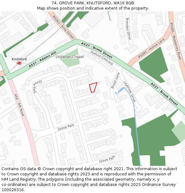 74, GROVE PARK, KNUTSFORD, WA16 8QB: Location map and indicative extent of plot
