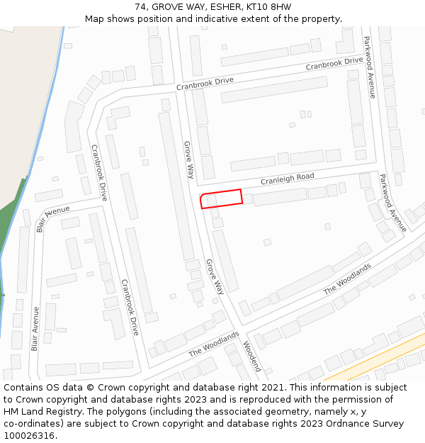 74, GROVE WAY, ESHER, KT10 8HW: Location map and indicative extent of plot