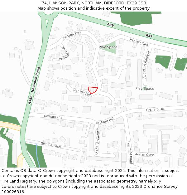 74, HANSON PARK, NORTHAM, BIDEFORD, EX39 3SB: Location map and indicative extent of plot
