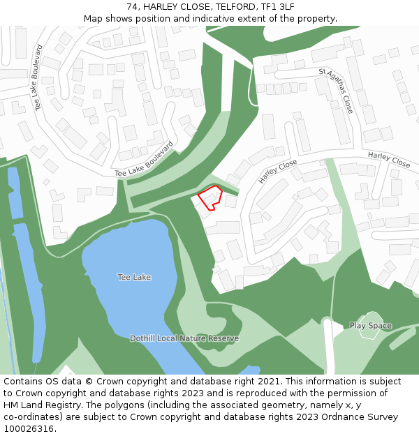 74, HARLEY CLOSE, TELFORD, TF1 3LF: Location map and indicative extent of plot