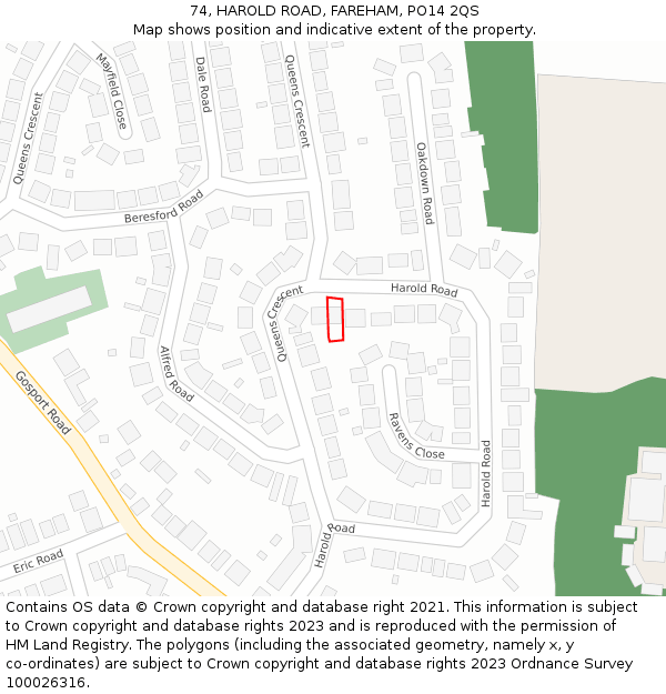 74, HAROLD ROAD, FAREHAM, PO14 2QS: Location map and indicative extent of plot