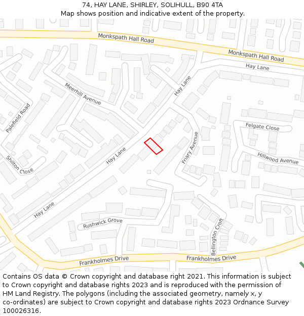 74, HAY LANE, SHIRLEY, SOLIHULL, B90 4TA: Location map and indicative extent of plot