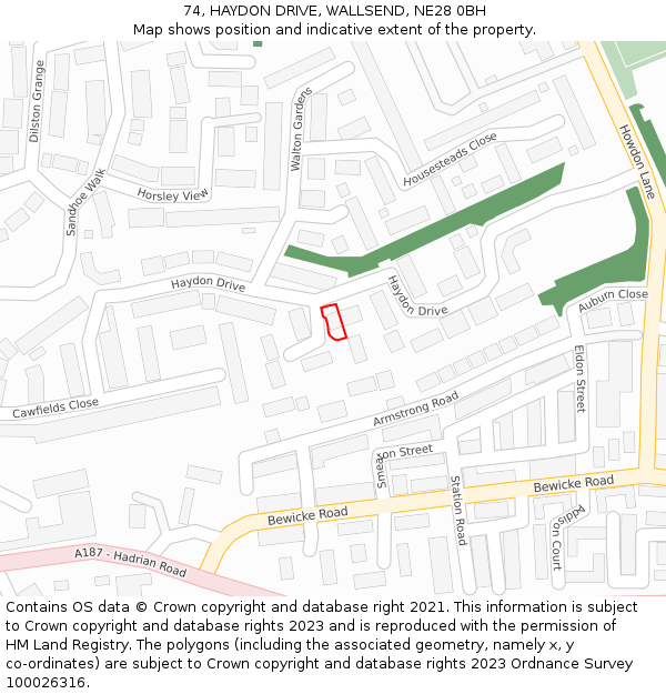 74, HAYDON DRIVE, WALLSEND, NE28 0BH: Location map and indicative extent of plot