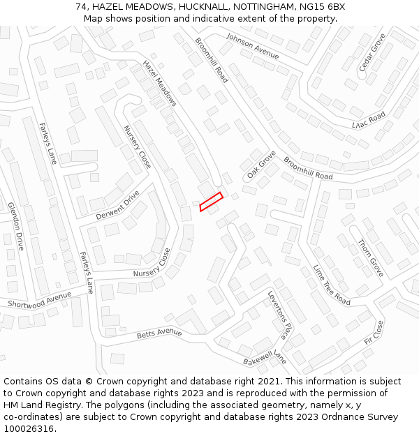 74, HAZEL MEADOWS, HUCKNALL, NOTTINGHAM, NG15 6BX: Location map and indicative extent of plot