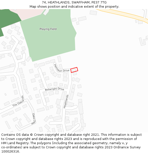 74, HEATHLANDS, SWAFFHAM, PE37 7TG: Location map and indicative extent of plot