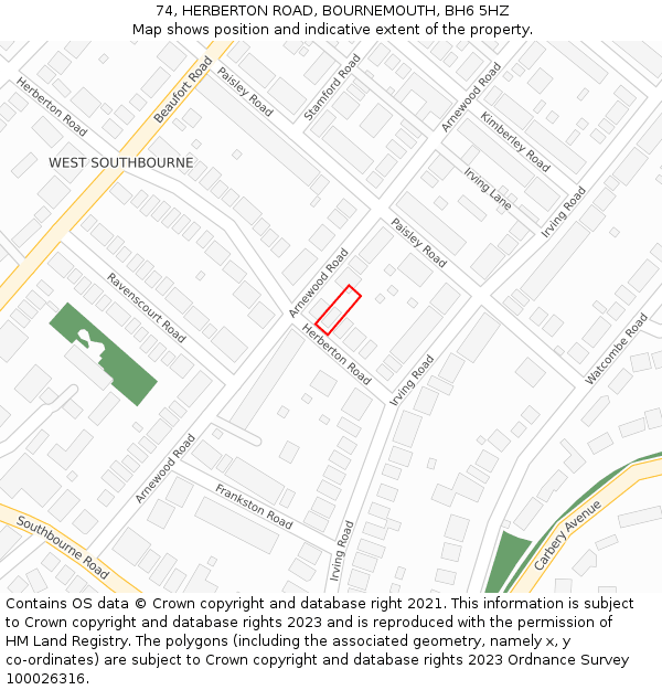 74, HERBERTON ROAD, BOURNEMOUTH, BH6 5HZ: Location map and indicative extent of plot