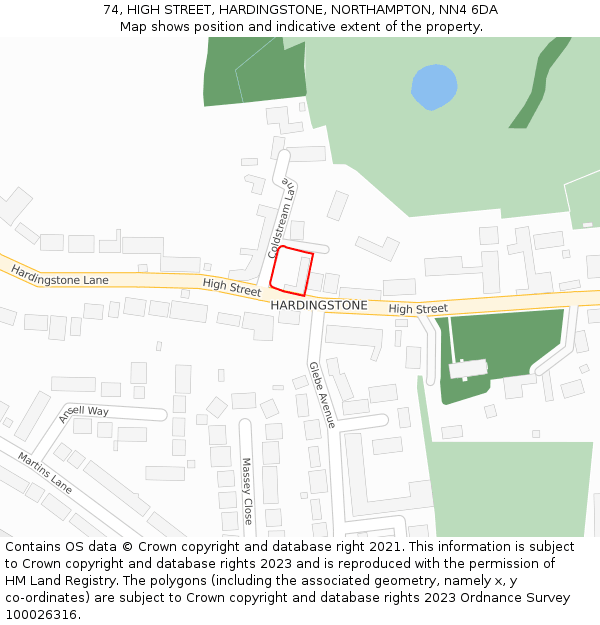 74, HIGH STREET, HARDINGSTONE, NORTHAMPTON, NN4 6DA: Location map and indicative extent of plot