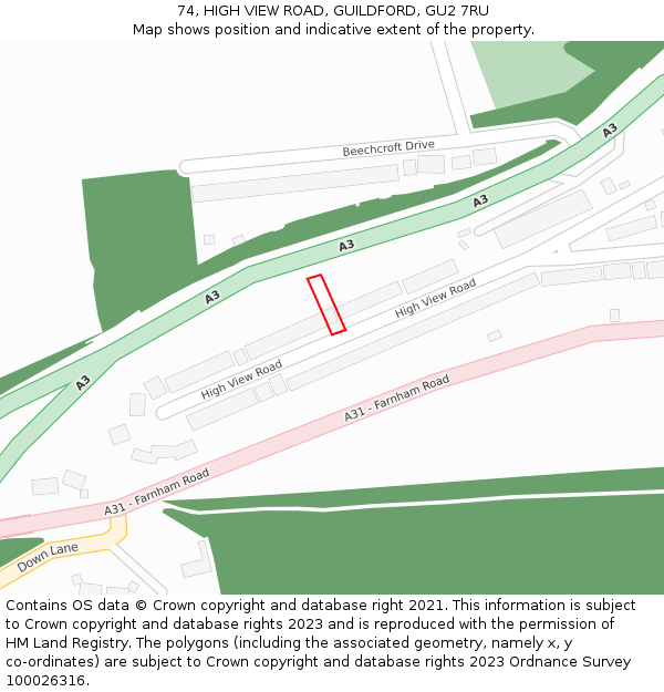 74, HIGH VIEW ROAD, GUILDFORD, GU2 7RU: Location map and indicative extent of plot