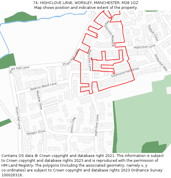 74, HIGHCLOVE LANE, WORSLEY, MANCHESTER, M28 1GZ: Location map and indicative extent of plot