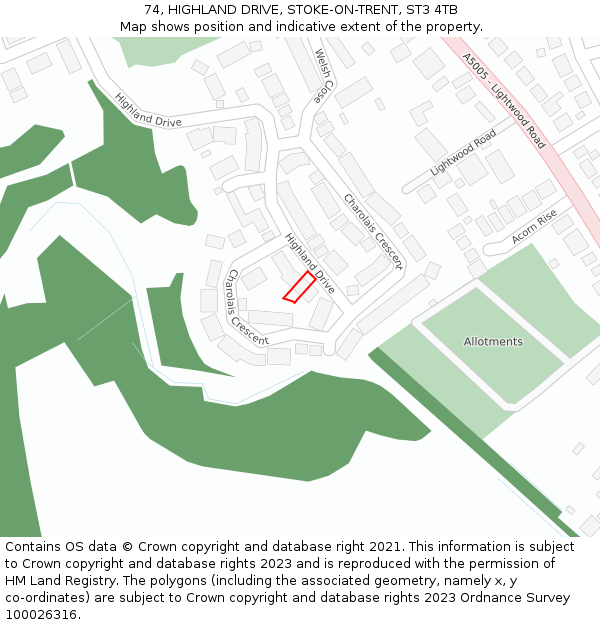 74, HIGHLAND DRIVE, STOKE-ON-TRENT, ST3 4TB: Location map and indicative extent of plot