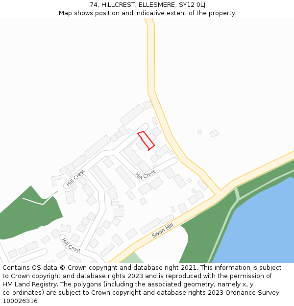 74, HILLCREST, ELLESMERE, SY12 0LJ: Location map and indicative extent of plot