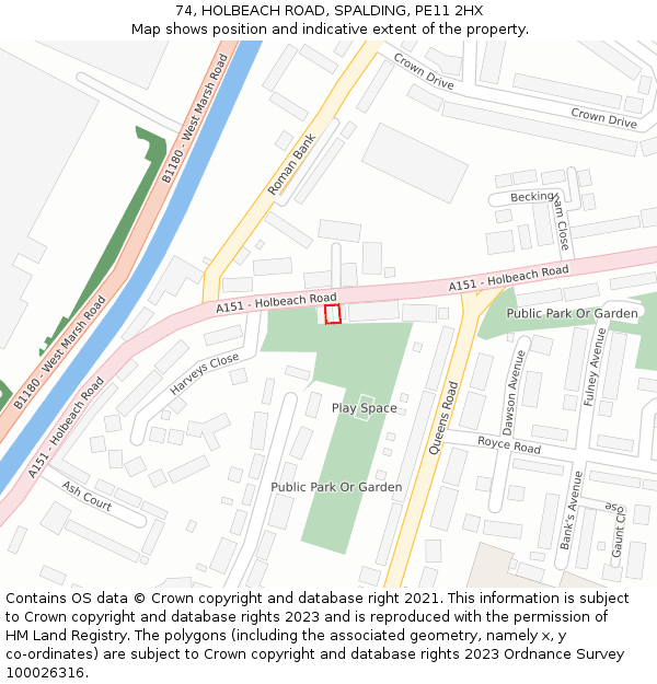 74, HOLBEACH ROAD, SPALDING, PE11 2HX: Location map and indicative extent of plot