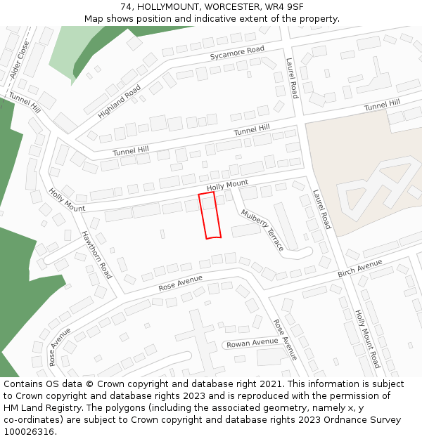 74, HOLLYMOUNT, WORCESTER, WR4 9SF: Location map and indicative extent of plot