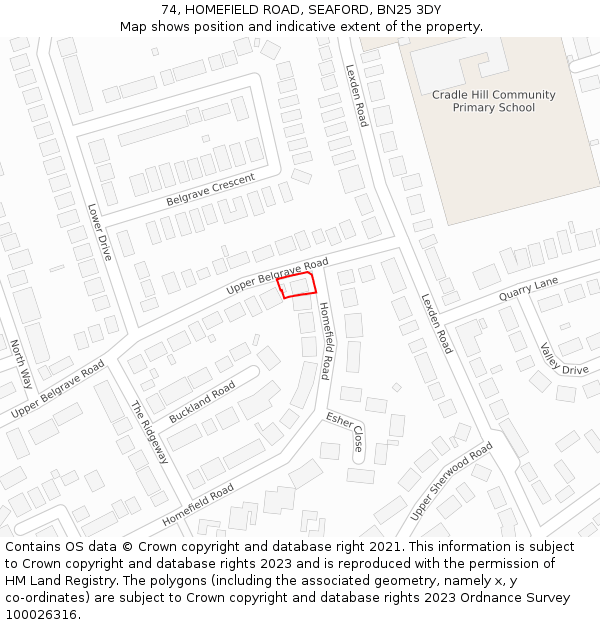 74, HOMEFIELD ROAD, SEAFORD, BN25 3DY: Location map and indicative extent of plot