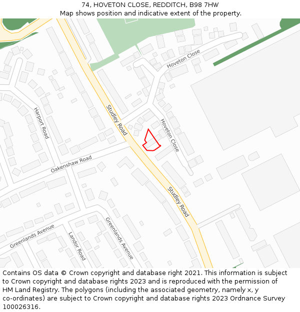 74, HOVETON CLOSE, REDDITCH, B98 7HW: Location map and indicative extent of plot