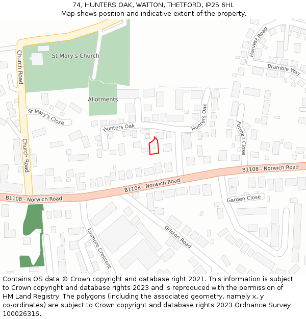 74, HUNTERS OAK, WATTON, THETFORD, IP25 6HL: Location map and indicative extent of plot