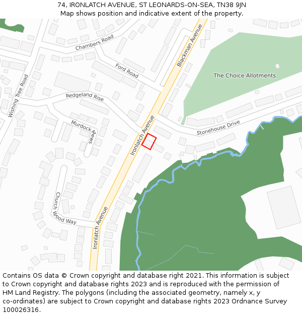 74, IRONLATCH AVENUE, ST LEONARDS-ON-SEA, TN38 9JN: Location map and indicative extent of plot