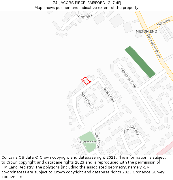 74, JACOBS PIECE, FAIRFORD, GL7 4FJ: Location map and indicative extent of plot