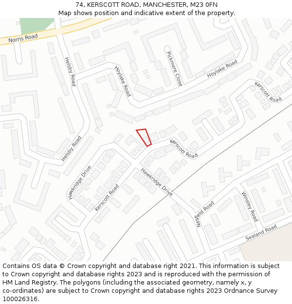 74, KERSCOTT ROAD, MANCHESTER, M23 0FN: Location map and indicative extent of plot