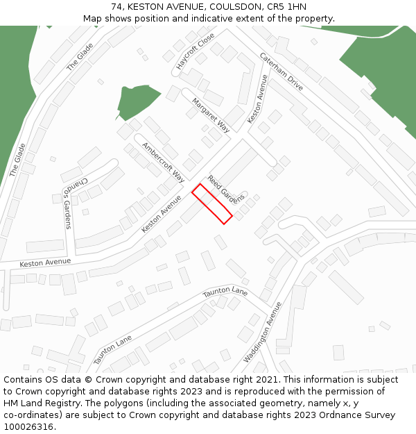 74, KESTON AVENUE, COULSDON, CR5 1HN: Location map and indicative extent of plot