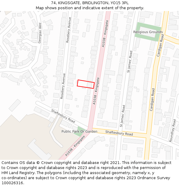 74, KINGSGATE, BRIDLINGTON, YO15 3PL: Location map and indicative extent of plot