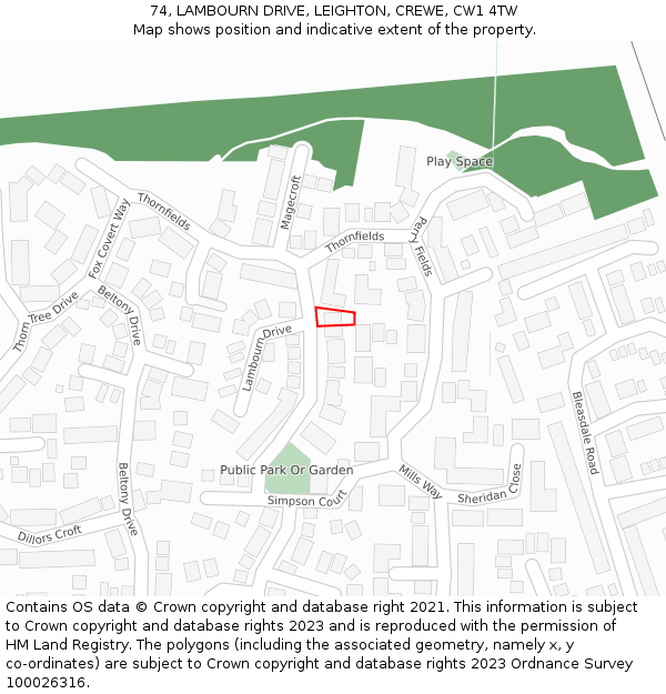 74, LAMBOURN DRIVE, LEIGHTON, CREWE, CW1 4TW: Location map and indicative extent of plot