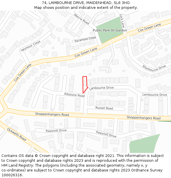 74, LAMBOURNE DRIVE, MAIDENHEAD, SL6 3HG: Location map and indicative extent of plot