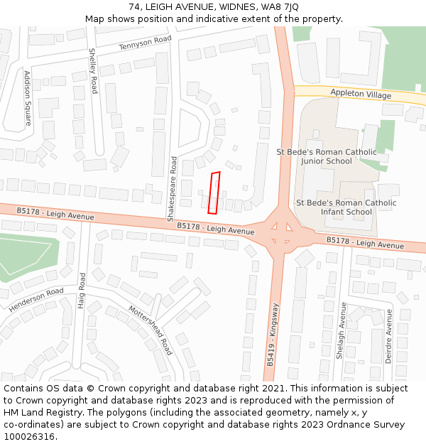 74, LEIGH AVENUE, WIDNES, WA8 7JQ: Location map and indicative extent of plot