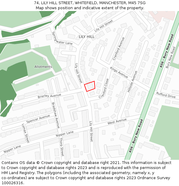 74, LILY HILL STREET, WHITEFIELD, MANCHESTER, M45 7SG: Location map and indicative extent of plot