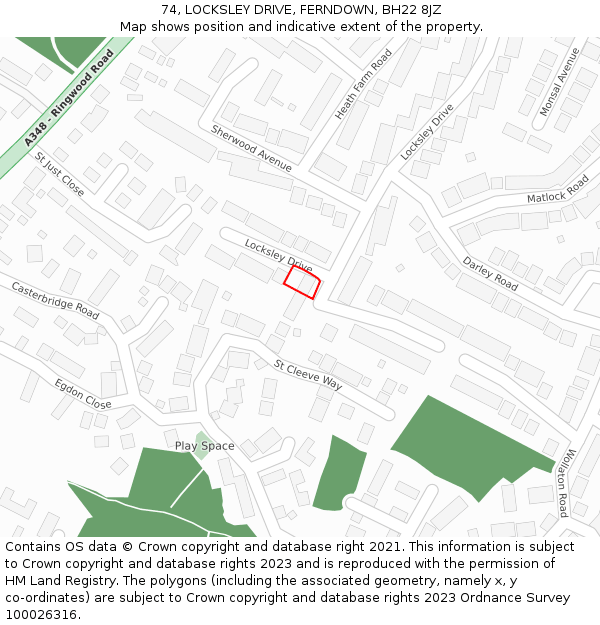 74, LOCKSLEY DRIVE, FERNDOWN, BH22 8JZ: Location map and indicative extent of plot