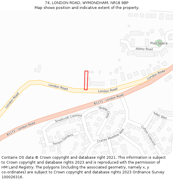 74, LONDON ROAD, WYMONDHAM, NR18 9BP: Location map and indicative extent of plot