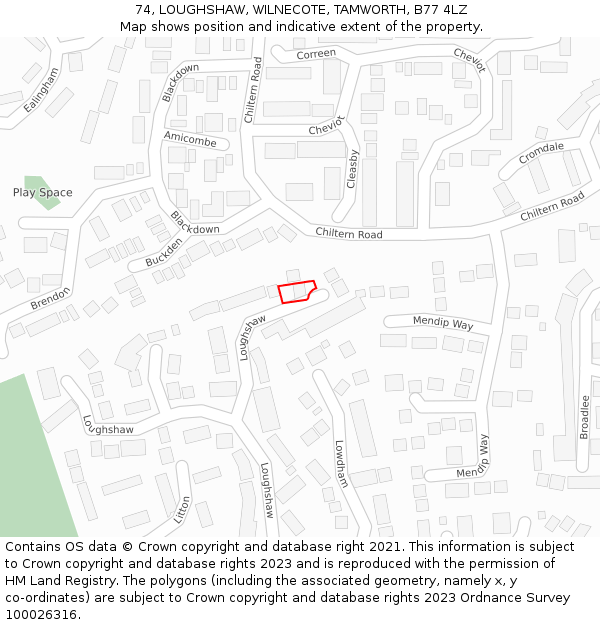 74, LOUGHSHAW, WILNECOTE, TAMWORTH, B77 4LZ: Location map and indicative extent of plot