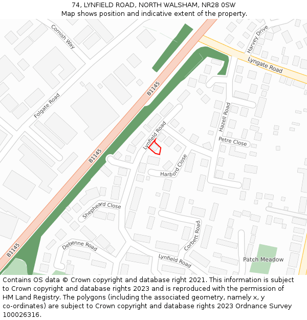 74, LYNFIELD ROAD, NORTH WALSHAM, NR28 0SW: Location map and indicative extent of plot